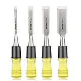 4 Piece Wood Chisel Set for Woodworking, CR-V Steel Beveled Edge Sharp Blade with Caps, Durable PVC High Impact Handle,1/4',1/2', 3/4', 1', Versatile Chisel Size basic sturdy chisel set