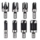Baorder 8Pcs Wood Plug Cutter Drill Bit Set Carbon Steel Titanium Coated Woodworking Chamfer Drill Bits Straight and Tapered Taper 5/8' 1/2' 3/8' 1/4' Cutting Tool