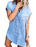 Women Denim Shirt Dresses Short Sleeve Distressed Jean Dress Button Down Casual Tunic Tops Blue S