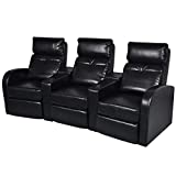 vidaXL Black Artificial Leather 3-Seat Home Theater Recliner Sofa Lounge w/Cup Holder
