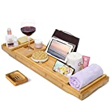 CINEYO Luxury Bamboo Bathtub Caddy Tray - Expandable Bath Table Over Tub with Wine Glass Book and Phone Holder and Free Soap Dish