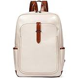BROMEN Leather Laptop Backpack for Women 15.6 inch Computer Backpack College Travel Daypack Bag Beige