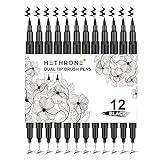 Hethrone Black Felt Tip Pens - 12 Set, Brush & Fine Tip Black Marker for Art Drawing