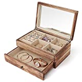 Jewelry Box Organizer for Women, 2 Layer Large Jewelry Storage Case, Rustic Wooden Jewelry Box with Mirror & Ring Tray for Necklace Earring Bracelets Rings, Vintage Style (Torched Wood)
