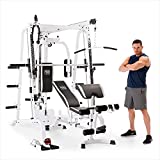 Marcy Pro Smith Cage Workout Machine Total Body Training Home Gym System w/ Leg Developer, Press Bar, PEC Deck, Cable Crossovers, & Squat Rack, White
