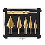 ZELCAN HSS 5PCS Titanium Step Drill Bit Set with Automatic Center Punch, 50 Sizes in 5 High Speed Steel Drill Bits Set for Sheet Metal with Aluminum Case, Multiple Hole Stepped Up Bits for DIY Lovers
