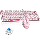 Mechanical Vintage Gaming Keyboard with Mouse Retro Punk Typewriter-Style White LED Backlit USB Wired Mechanical Keyboard for PC Laptop Desktop Computer Game and Office (Pink)