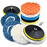 7 Inch Polishing Pads Kit Car Foam Sponge Pads Wool Bonnet Pads with 5/8-11 Thread Backing Pads & 8mm Adapters for Polisher & Electric Drill Auto Body Repair Pad for Waxing Buffing Sealing Glaze,13PCS