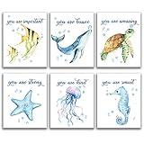 SUUURA-OO Inspirational Words Texture of Dreams Watercolor Sea marine life Art Print Set of 6 (8”X10”), Sea Turtle Seahorse fish whale Jellyfish Watercolor Wall Poster, Blue Ocean Theme Nursery Kids Room Wall Decor