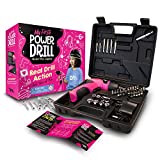 DIY jr. My First Power Drill - 60-Piece Working Tool Set for Girls - Rechargeable Cordless Pink Drill with LED Light - Learning, Building & Construction Kit for Kids - With Carrying Case, Charger