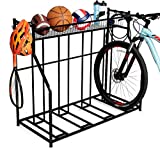 BIRDROCK HOME 4 Bike Stand Rack with Storage – Metal Floor Bicycle Nook – Great for Parking Road, Mountain, Hybrid or Kids Bikes – Garage Organizer - Helmet - Sports Storage Station - Black…