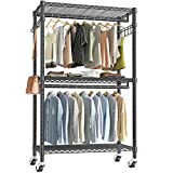 VIPEK V12 Heavy Duty Rolling Garment Rack 3 Tiers Adjustable Wire Shelving Clothes Rack with Double Rods and Lockable Wheels, Side Hooks, Freestanding Wardrobe Storage Rack Metal Clothing Rack, Black