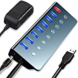 Powered USB Hub,LOBKIN 7-Port USB Hub 3.0 Powered | 1 Smart Charging Port | Multi USB Port Expander with Individual On/Off Switches and 5V/3A Power Adapter for Laptop,PC,Mac,MacBook Pro,PS4,TV