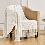 TOUCHAT Knitted Throw Blankets for Couch, Sofa and Bed, Lightweight Soft Knit Blanket with Tassel, Decorative Cozy Farmhouse Throw Blankets for Women and Man (50'x60', Cream White-D)