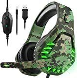 Butfulake Gaming Headset for Nintendo Switch, PS4, Xbox One, PS5 Controller, Laptop, Mac, Noise Cancelling PC Headset with Mic,7.1 Stereo Surround Sound, Cool LED Light,Comfort Earmuff, Camo Green