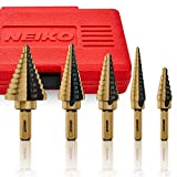 NEIKO 10197A Step Drill Bit Set | 5 Piece, 50 SAE Sizes Total, 1/8” – 1-3/8” | Standard Titanium High Speed Steel Unibit, Stepper Cone Drill Bit | Two Flute Step Down Bits