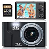 Saneen Digital Camera, 4K Cameras for Photography & YouTube, 48MP Small Compact Digital Camera for Teens, Kids,Elder,Beginners,16X Digital Zoom,with 32GB SD Card & 2 Rechargeable Batteries - Black