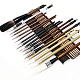 Whaline 18Pcs Chinese Calligraphy Brushes Set with Writing Paper Roll-up Brush Holder Shanlian Hubi Writing Brush Kanji Japanese Sumi Drawing Brushes for Watercolor Art Ceramic Ink Writing Painting
