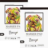 Bianyo Bleedproof Marker Paper Pad, A4(8.27'X11.69'), 50 Sheets / Pad, Pack of 2 Pads, 18 LB / 70 GSM, Glue-Bound, 100% Cotton, White, Ideal for Use with Markers and Ink Mediums