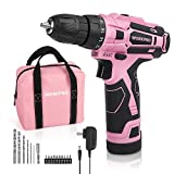 WORKPRO Pink Cordless Drill Driver Set, 12V Electric Screwdriver Driver Tool Kit for Women, 3/8' Keyless Chuck, Charger and Storage Bag Included - Pink Ribbon