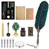 Quill Pen and Ink Set, AngleKai Calligraphy Feather Pen with Wax Seal Stamp, Ink, and Wax Seal Sticks, Replacement Nibs, Spoon, Envelope Letter Paper, White Wax, Best Gift for Birthday (Green)