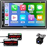 Car Stereo Compatible with Apple Carplay, Double Din 7' Full Touch HD Capacitive Screen - Mirror Link, Bluetooth, Backup Camera, Steering Wheel Controls, Subwoofer, USB/SD Port, AM/FM Car Radio
