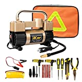 iKer Portable Air Compressor Pump Heavy Duty Tire Inflator for Car,Truck,SUV Tires,12V 70L/Min Double Cylinders Metal Air Pump 150PSI with Battery Clamp，11.5ft Extension Air Hose and Tire Repair Kit