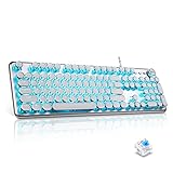 Alkem Mechanical Gaming Keyboard with 30 LED Backlits White Retro Typewriter Keyboard Full-Size 104 Keys USB Wired Retro Steampunk Keyboard Blue Switch Ergonomic Keyboard Metal Panel (Silver)