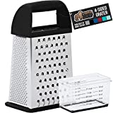 Gorilla Grip Stainless Steel Box Grater, 4-Sided XL Cheese Graters with Handle, Slice, Zest, Shred, and Grate Vegetables, Ginger, Potatoes, Handheld Food Shredder, Zester, Includes Container, Black