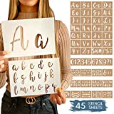 Boutique Calligraphy Stencil Template Kit - 45 Reusable Pieces - Includes Lettering Upper and Lowercase both Large and Small, Numbers, Punctuation, Laurels and Flowers - For Arts Crafts Painting Wood