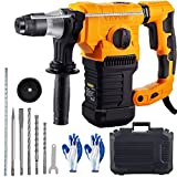 VEVOR Rotary Hammer, 1.26' SDS - Plus Hammer Drill w/ 4 Functions & 360 Degree Rotating Handle, 13A 1500W w/ 6 Step Variable Speed Adjustment 0-850RPM Hammering Machine Includes Chisels, Bits & Case