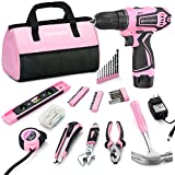 Bielmeier 12V Pink Cordless Lithium-ion Drill Set and Pink Tool Set Kit,Home Tool Set Kit for DIY, Lady's Home Repairing Tool Kit with 12-Inch Wide Mouth Open Storage Tool Bag