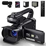 Video Camera 4K HD Auto Focus Camcorder 48MP 60FPS 30X Digital Zoom Camera for YouTube LED Function 4500mAh Battery with Handheld Stabilizer, Remote Control,Microphone and 64G SD Card