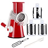 Tevokon Manual Rotary Cheese Grater Round Mandoline 3 Drum Blades Vegetable Slicer with Non-slip Base Cheese Shredder Walnuts Grinder with Cleaning Brush Vegetarian Peeler Red