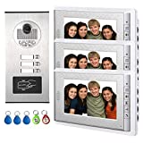 AMOCAM Apartment Video Intercom System, Wired 7 Inches Monitor Video Door Phone Doorbell for 3 Units Apartment, Monitoring, ID Keyfob Unlock Entry, Dual Way Door Intercom with 3-Screen