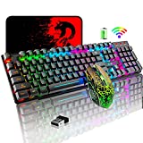 Wireless Gaming Keyboard and Mouse Combo with Rainbow LED Backlit Rechargeable 3800mAh Battery Mechanical Feel,7 Color Gaming Mouse,Mouse Pad for Windows PC Gamers(Black)