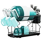 Dish Drying Rack for Kitchen Counter - 2 Tier Small Dish Racks for Plates and Bowls Sets Rust-Resistant Dinnerware Drainer with Drainboard Tray and Utensil Holder, Black