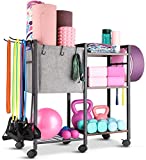 Yoga Mat Storage Rack Home Gym Equipment Storage Organizer Yoga Mat Holder for Yoga Mat Foam Roller Dumbbells Kettlebells Resistance Bands and More Gym Accessories Women Men Workout Equipment Organization with Hooks and Wheels (Black)