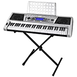 AW 61 Key Electronic Keyboard Piano Organ Music Electric LCD Display Demo Songs Midi Output 125 Rhythms 345 timbress Sheet Music Stand with Black Adjustable X-Stand Silver