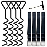 Eurmax USA Trampoline Stakes Heavy Duty Trampoline Parts Corkscrew Shape Steel Stakes Anchor Kit with T Hook for Trampolines -Set of 4 Black Bonus 4 Strong Belt