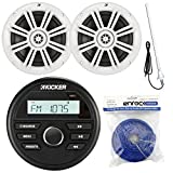 Kicker Marine Boat Yacht Gauge Style AM/FM Stereo Receiver Bundle Combo With 2x 6.5' Inch 150-Watt White Coaxial Audio Speakers, Enrock Rubber Mast Antenna, 50 Feet 14G Speaker Wire