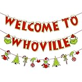 Whaline 3Pcs Christmas Welcome To Whoville Banner 9.8Ft Red Green Xmas Hanging Banner Classic Cartoon Character Garland Banner for Christmas Party Holiday Home Office Fireplace Mantel Wall Decoraion