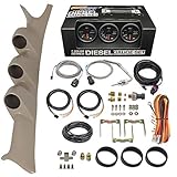 GlowShift Diesel Gauge Package Compatible with Ford Super Duty F-250 F-350 7.3L Power Stroke 1999-2003 - Black 7 Color 60 PSI Boost, 1500F EGT & 100 PSI Fuel Pressure Gauges - Tan Triple Pillar Pod