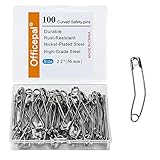 Officepal 100-Piece Curved Safety Pins, Size 4, 2.2' / 56mm,Heavy Duty, High-Grade Steel, Rust-Resistant Nickel Plated Steel Set