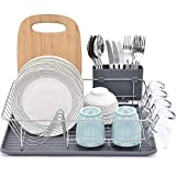 TOOLF Dish Rack, Large Capacity Dish Drainer, Dish Drying Rack with Cutlery Holder, Removable Drip Tray, Cup Holder, Compact Kitchen Drainers for Countertop, Grey