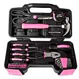 39 Piece Tool Box Kit, Pink - Small Basic Home Tool Set - Great for College Students, Household Use & More