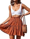 Relipop Women's Floral Flared Short Skirt Polka Dot Pleated Mini Skater Skirt with Drawstring Caramel