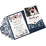 DORIS HOME 4.7x7 Inch 50PCS Blank Navy Blue Wedding Invitations Kits Laser Cut Hollow Rose Pocket Wedding Invitations with Envelopes For Wedding Bridal Shower Engagement Invite