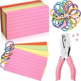 300 Pcs Assorted Colors Index Cards 3 x 5 Inch Ruled Flash Cards with 30 Pcs Loose Leaf Binder Rings Metal Book Rings and Handheld Hole Paper Punch for School Notes, Flashcards, Labels