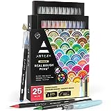 Arteza Real Brush Pens, 24 Colors for Watercolor Painting with Flexible Nylon Brush Tips, Paint Markers for Coloring, Calligraphy and Drawing with Water Brush for Artists and Beginner Painters
